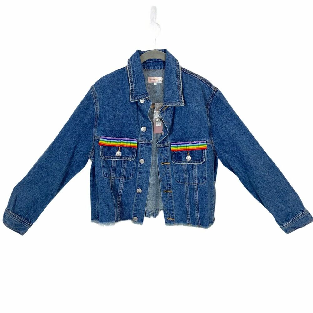 Rainbow Ruffle Jean Jacket Sunset & Spring Blue Denim Ribbon Trim Size Small New